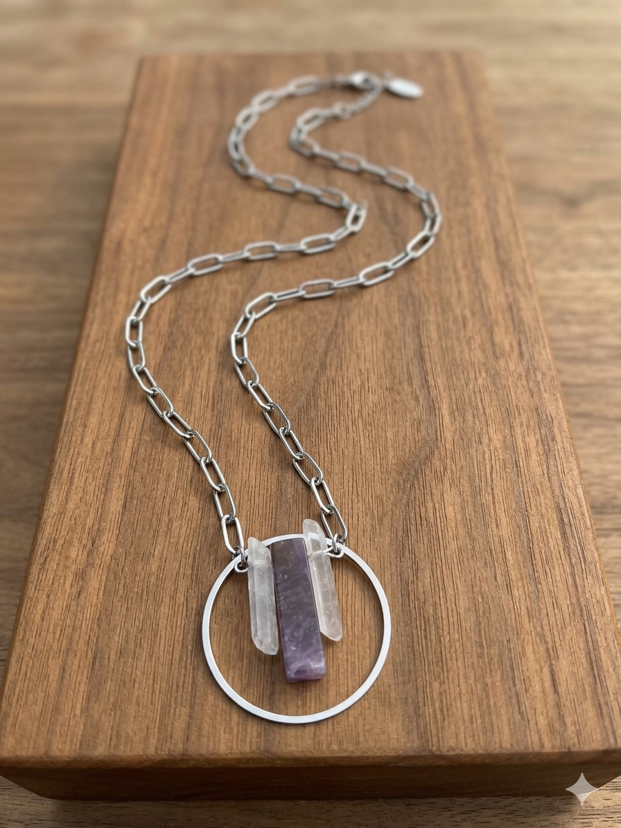 Amethyst & Clear Quartz Zen Pendant | Stainless Steel
