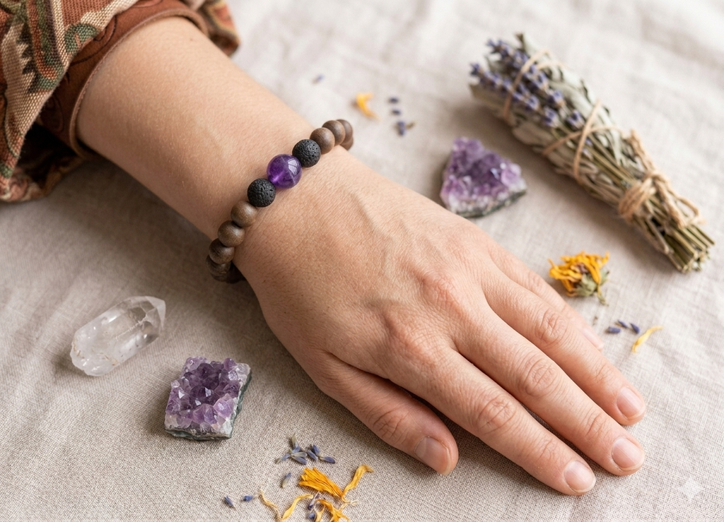 The Grounding Amethyst & Sandalwood Diffuser Bracelet