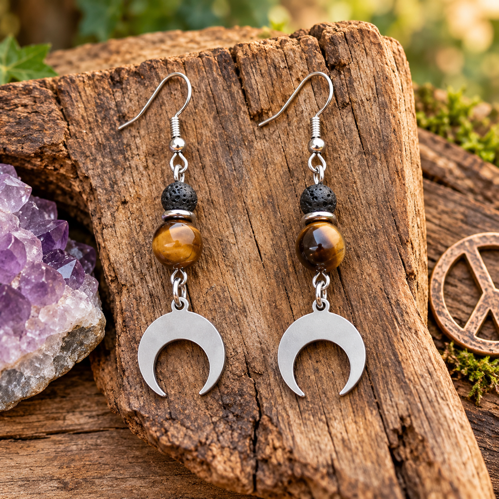 Crescent Moon Tiger Eye Earrings