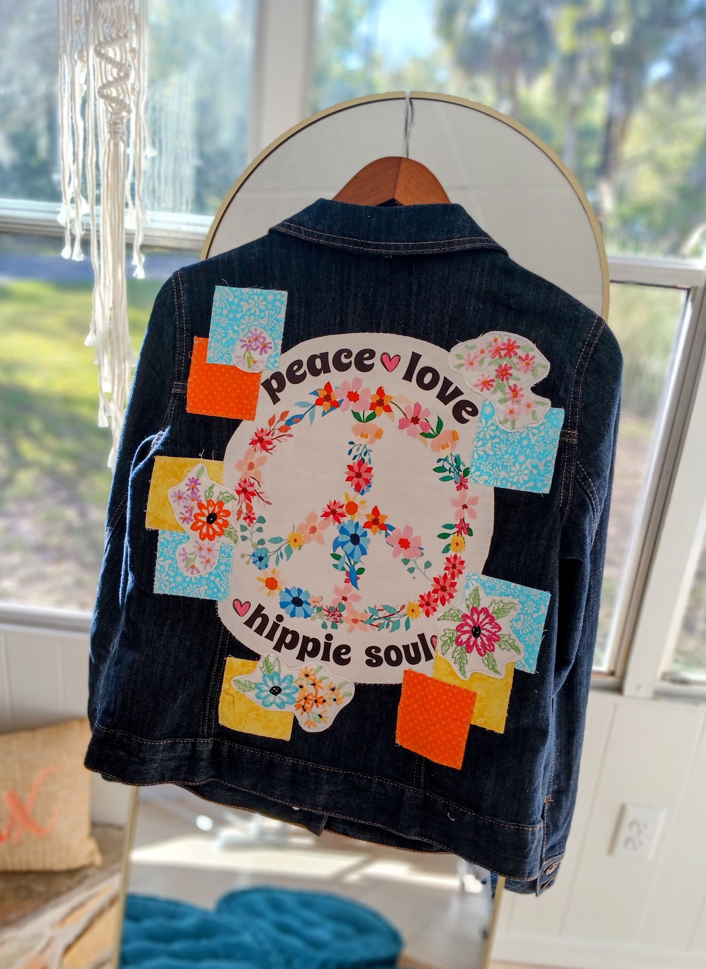 Upcycled "Peace, Love & Hippie Soul" Denim Jacket