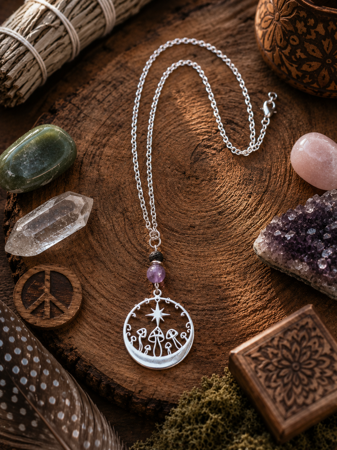 Mushroom Moon Phase Pendant | Amethyst & Lava Rock